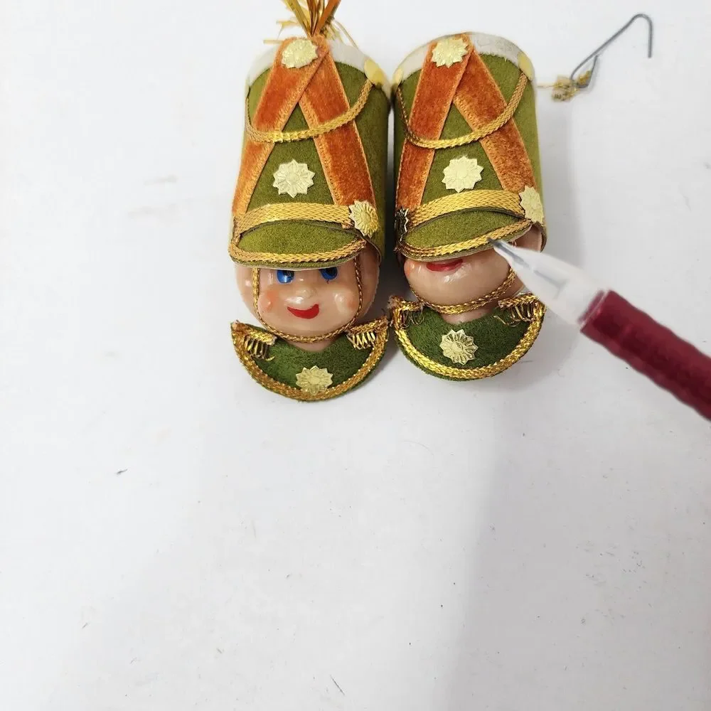 Vintage 60s‎ Pair Soldier Head Christmas Ornaments 3.5in Plastic Elf Face Japan